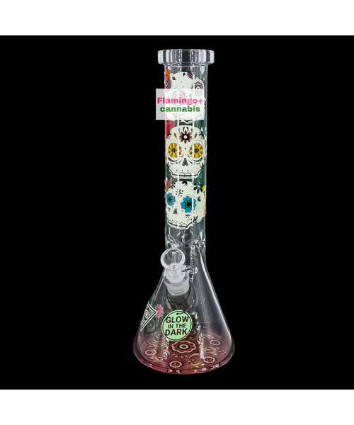 Red Eye Glass 15" Sugar Skull Glow-In-Dark Beaker Bong