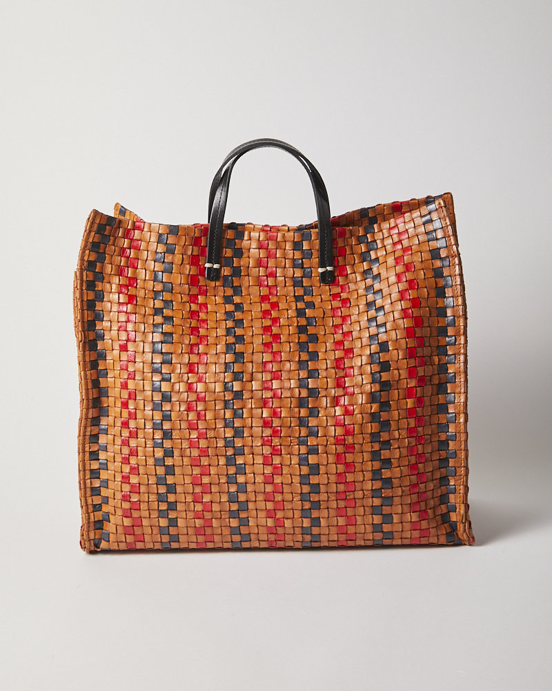 Clare V Simple Tote Natural with Navy & Cherry Red Woven Checker