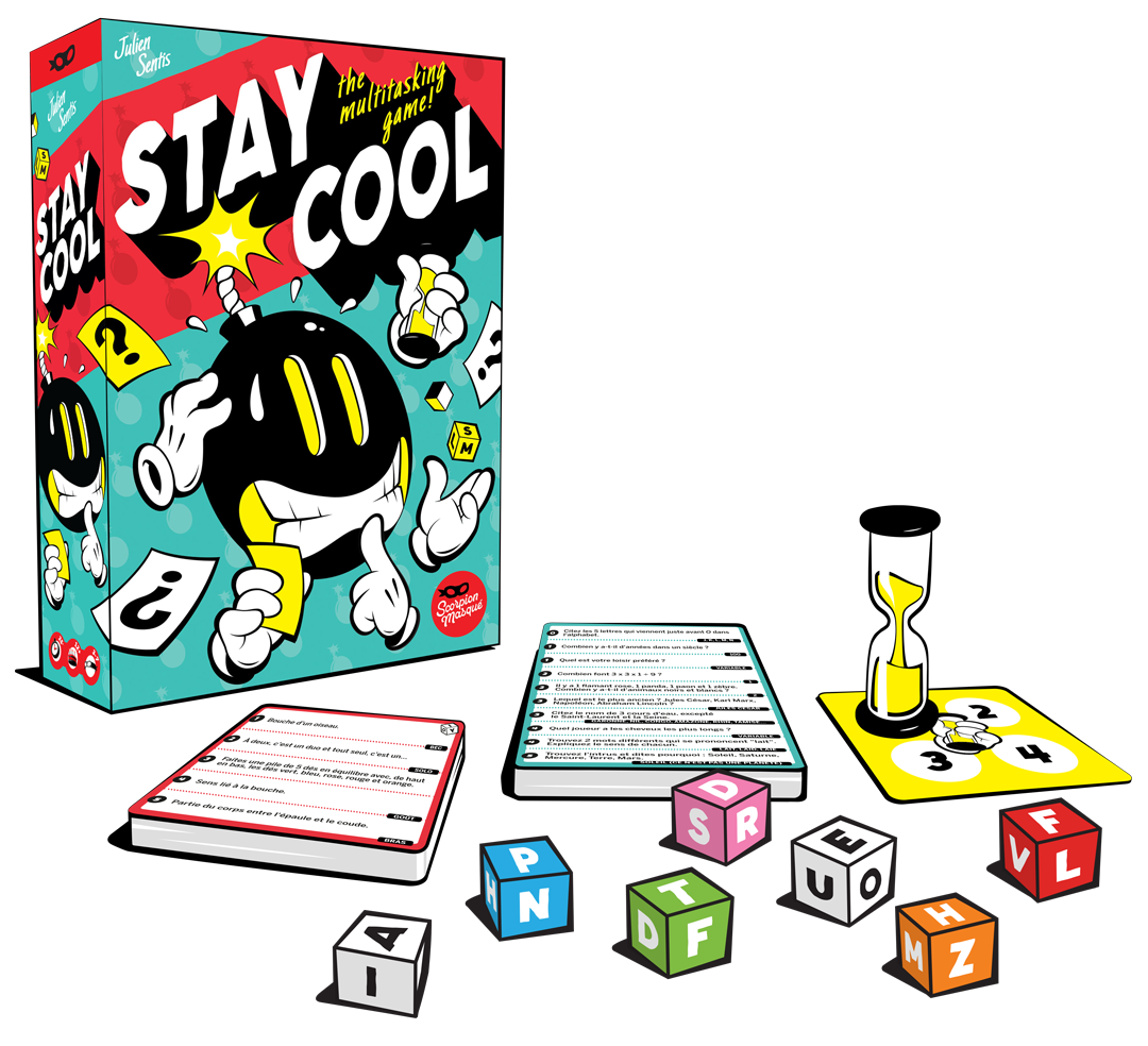 Stay Cool's components include dice, a snad timer, and dozens of cards with all-too-easy questions on them.