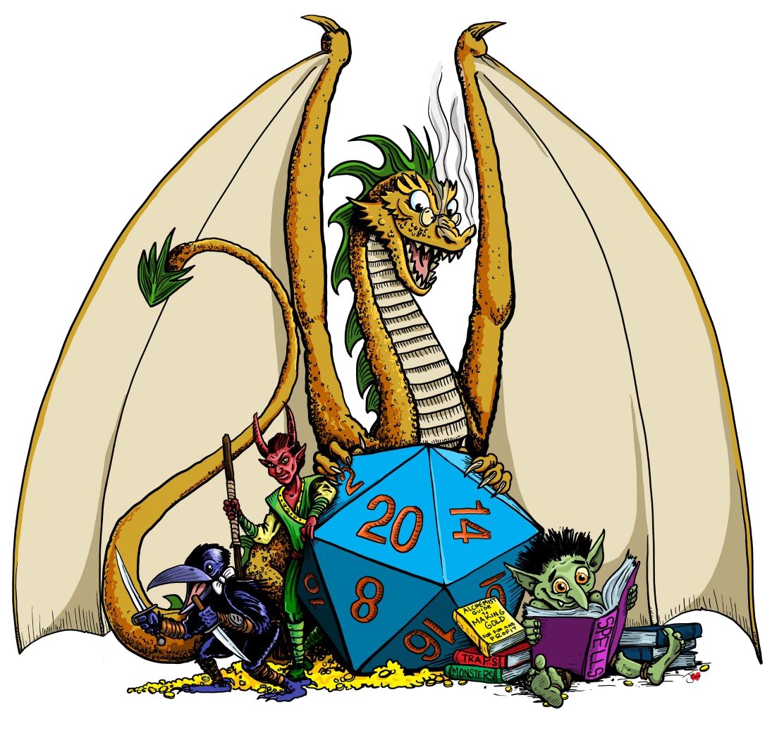 Fantasy characters gather around a massive 20-sided die.