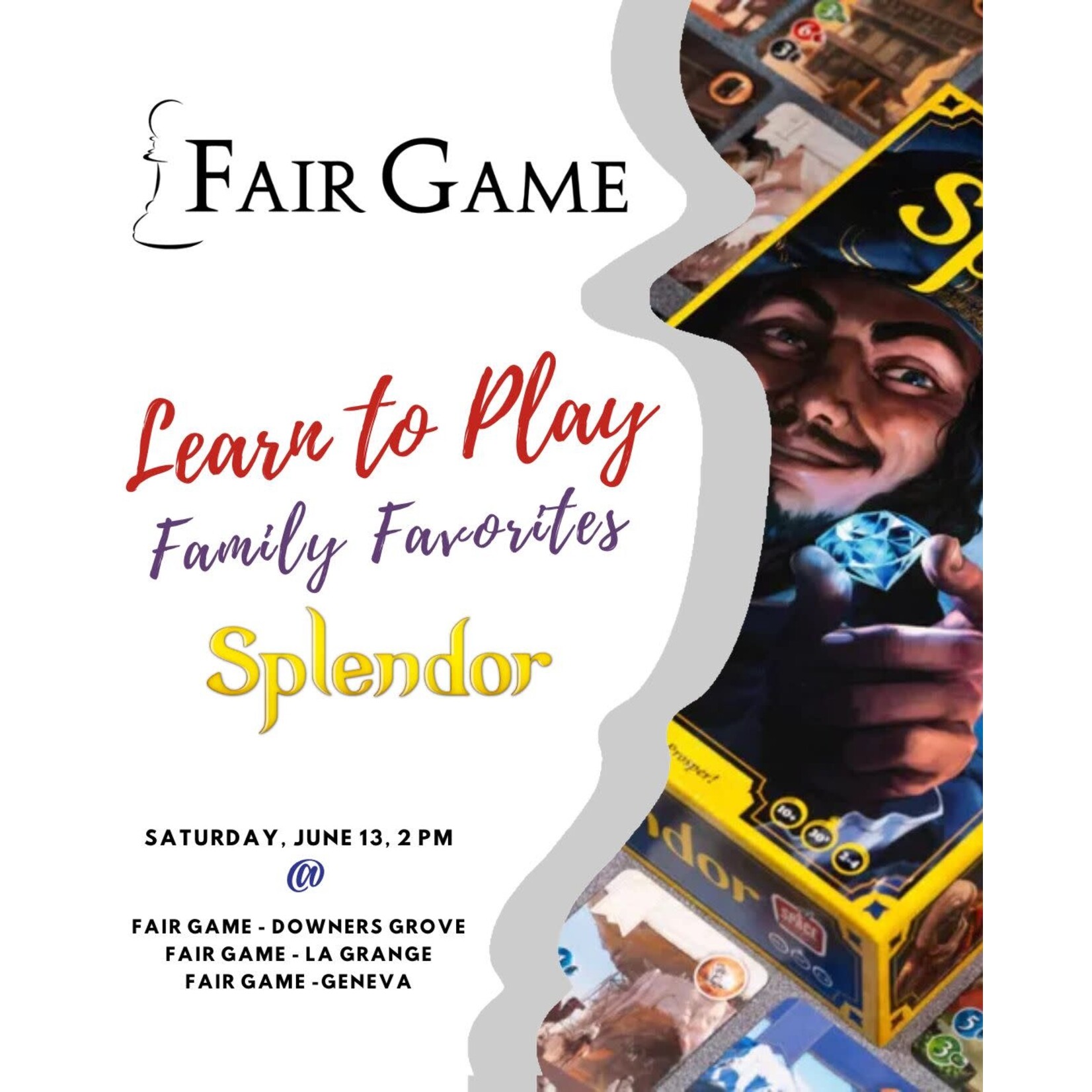 Fair Game Admission: Fair Game Learn-to-Play Greatest Hits Series - Splendor - 6/13, Downers Grove (2pm)