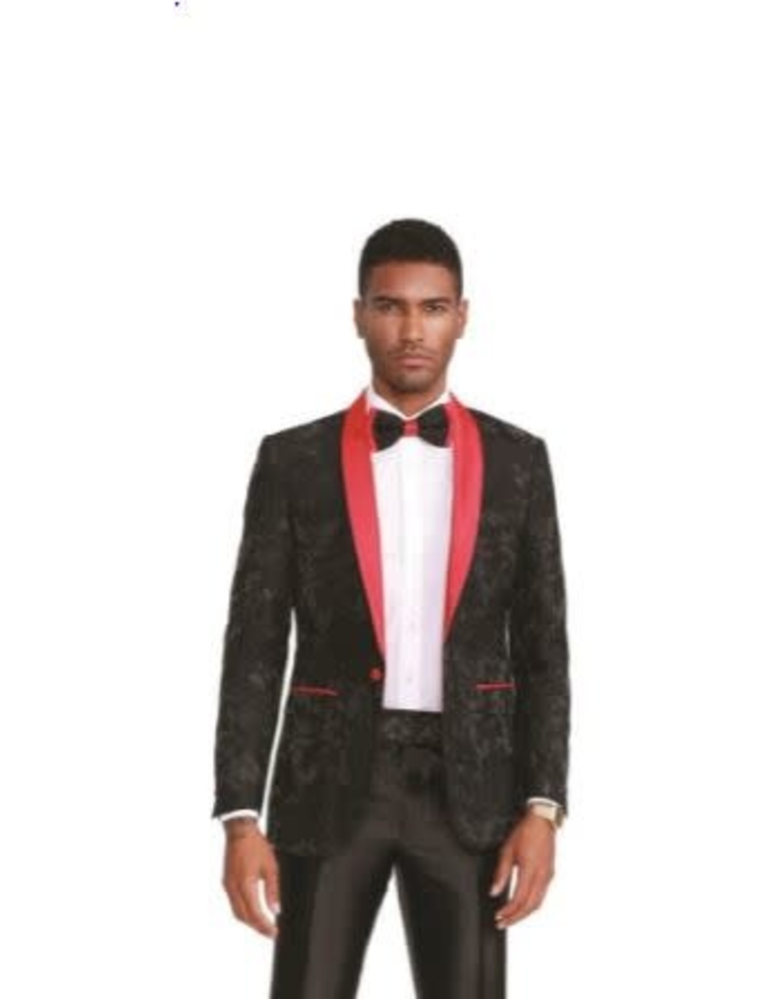 black and red tuxedo with bowtie