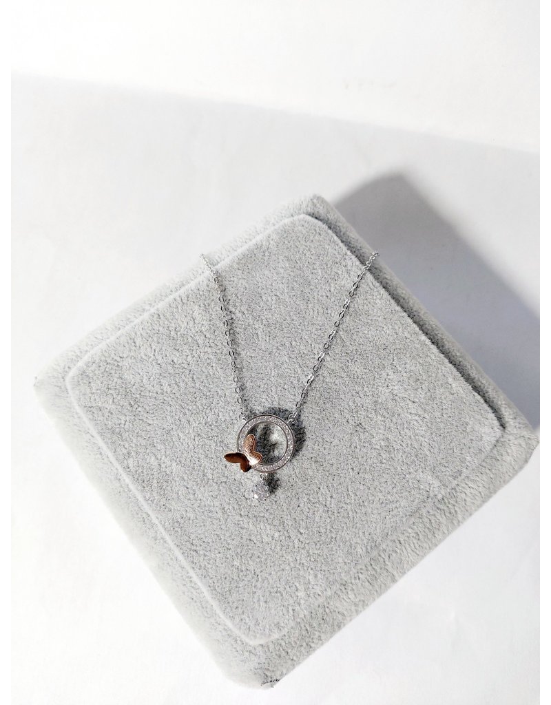 Scb0032 - Silver - Rose Gold Circle, Butterfly Sterling Silver Short Chain