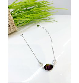 BCF0061 -  Silver Leaf, Purple Crystal Bracelet