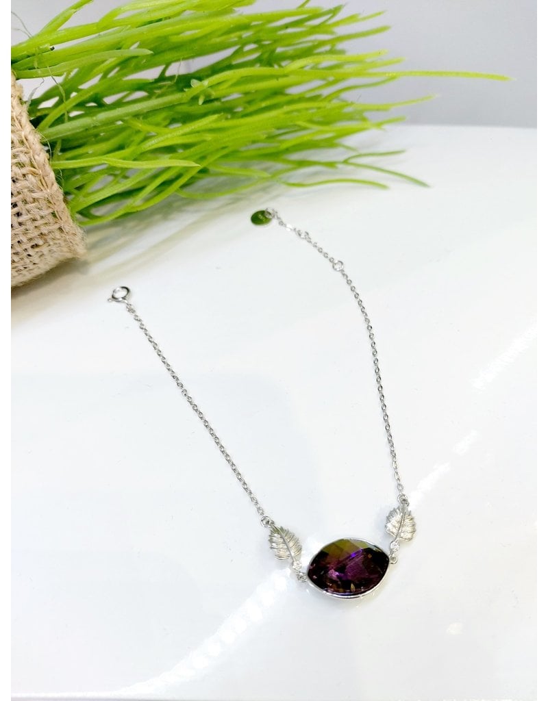 BCF0061 -  Silver Leaf, Purple Crystal Bracelet