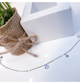 ANG0022 -  Silver Moon, Star, Crystal, Sterling Silver Anklet