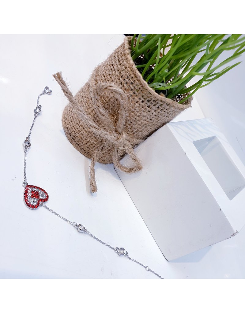 ANG0023 -  Silver Red, Heart Bracelet