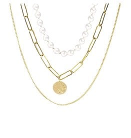 lcb0022 - Gold, Pearl Three Layer Necklace