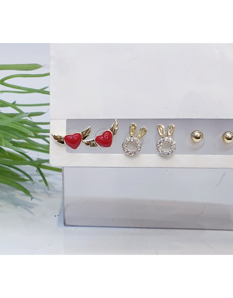 EMA0015 - Gold Bunny, Ball Stud, Heart Wings,  Multi-Pack Earring