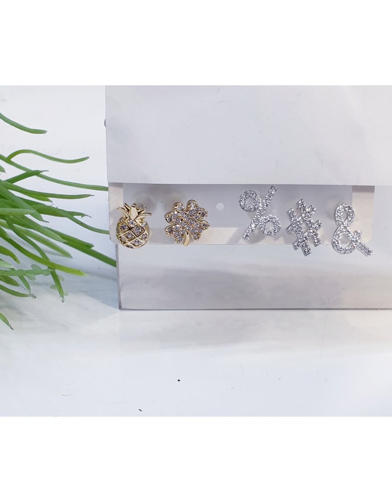 EMA0017 - Gold, Silver Flower, Pineapple, And, Hash,  Multi-Pack Earring