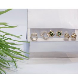EMA0020 - Gold Boxing, Snowflake, Diamante, Emerald Green,  Multi-Pack Earring