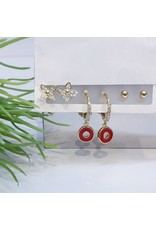 EMA0026 - Gold Flower, Ball Stud, Hoop, Red,  Multi-Pack Earring