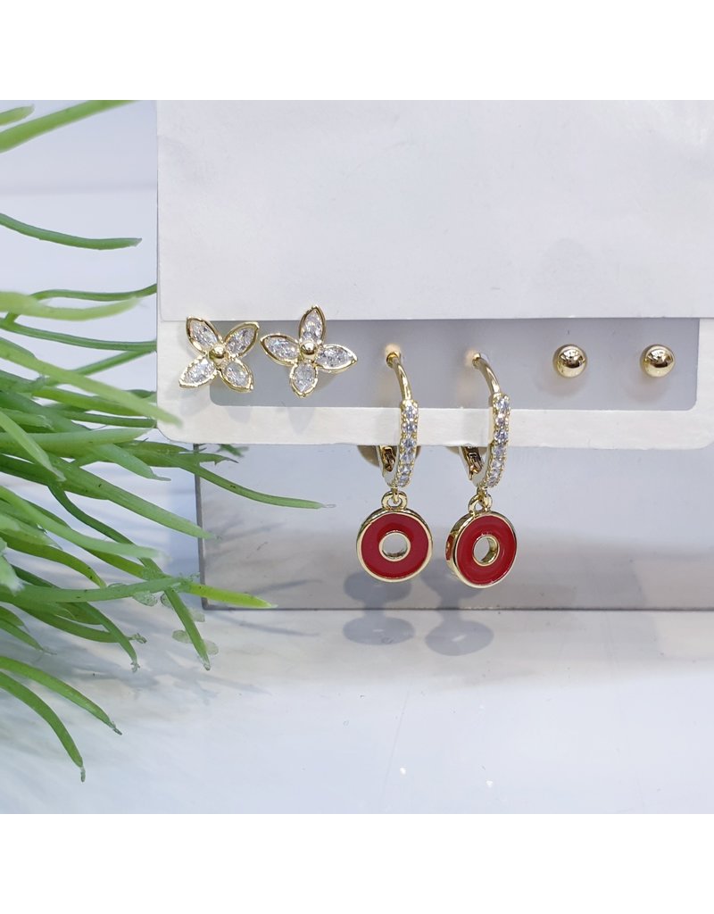 EMA0026 - Gold Flower, Ball Stud, Hoop, Red,  Multi-Pack Earring