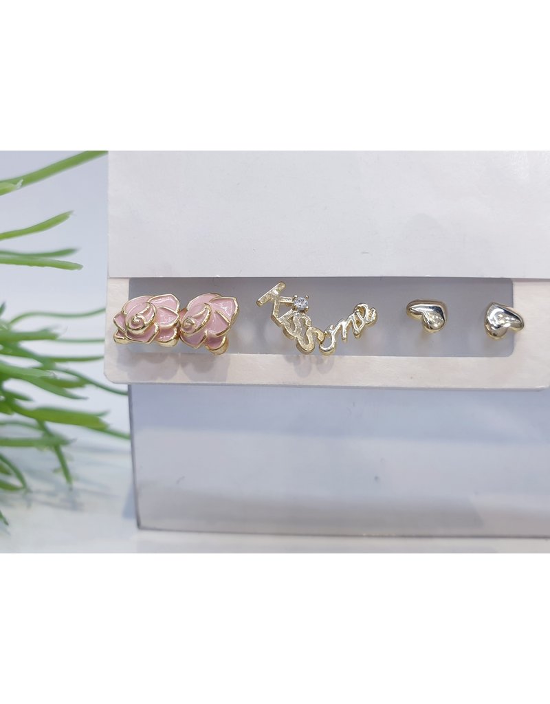 EMA0027 - Gold Kiss Me, Flower, Diamante, Pink,  Multi-Pack Earring