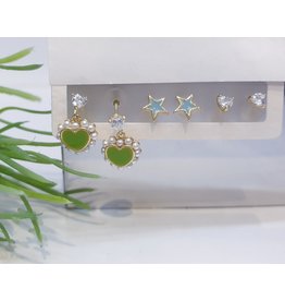 EMA0033 - Gold Green Heart, Blue Star, Heart Diamante,  Multi-Pack Earring