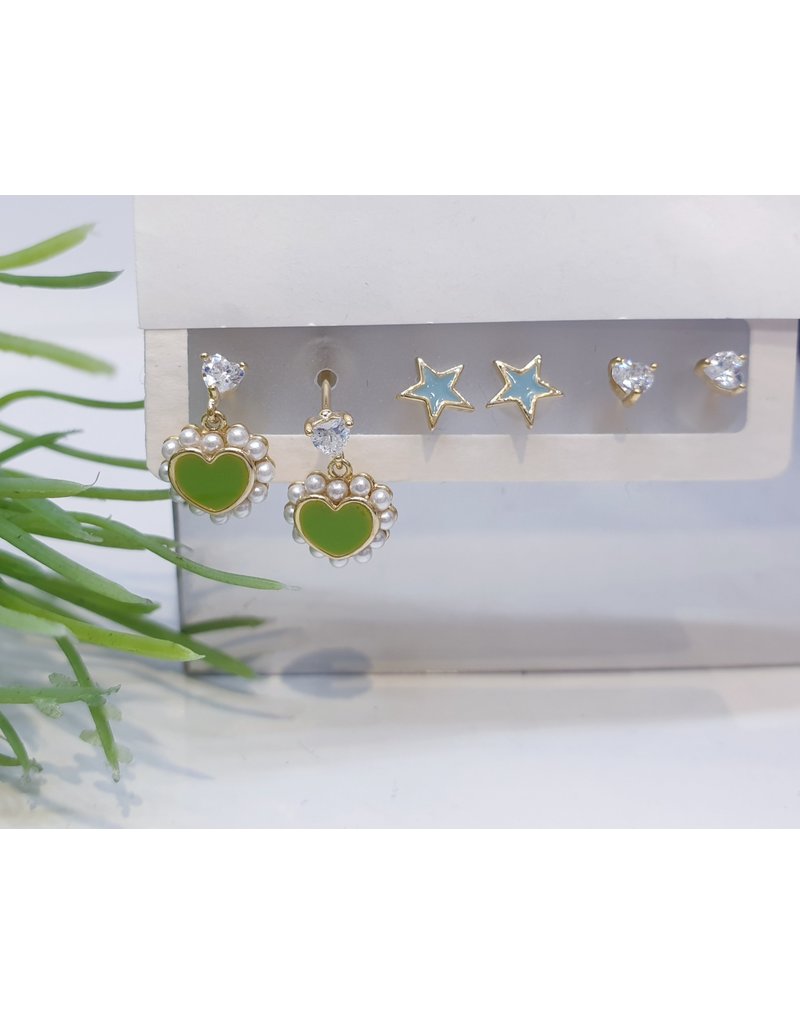 EMA0033 - Gold Green Heart, Blue Star, Heart Diamante,  Multi-Pack Earring