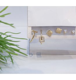 EMA0046 - Gold Square Stud, Diamante Stud, Drop Square,  Multi-Pack Earring