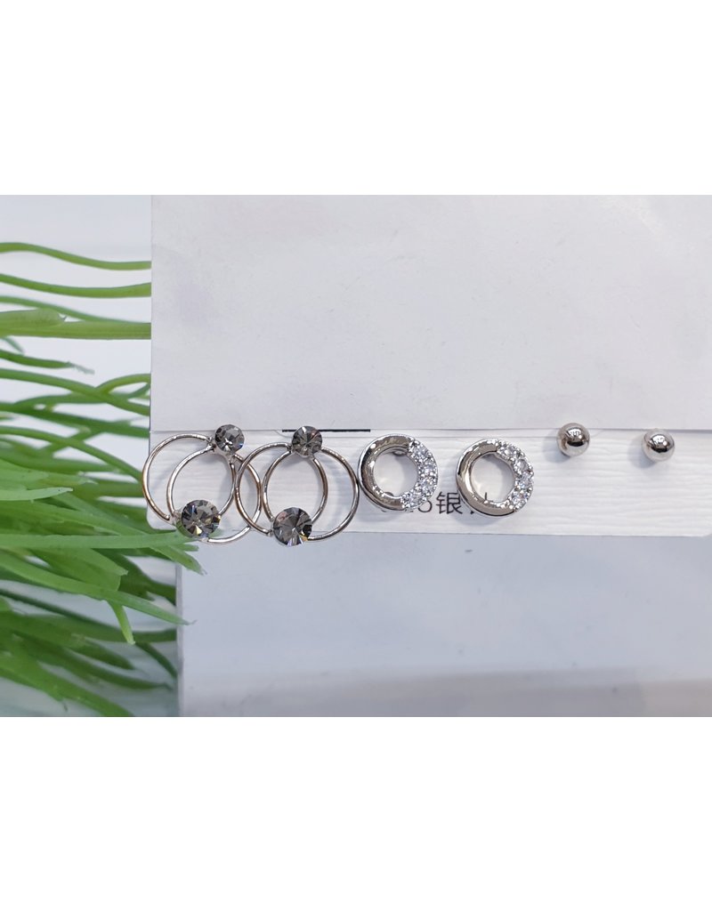 EMA0012 - Pewter Double Hoop, Ball, Circle With Diamante,  Multi-Pack Earring