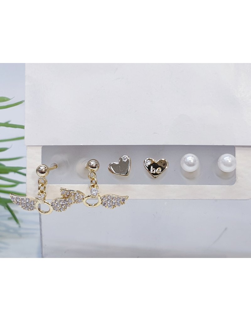 EMA0029 - Gold Ring With Wings, Heart, Pearl,  Multi-Pack Earring