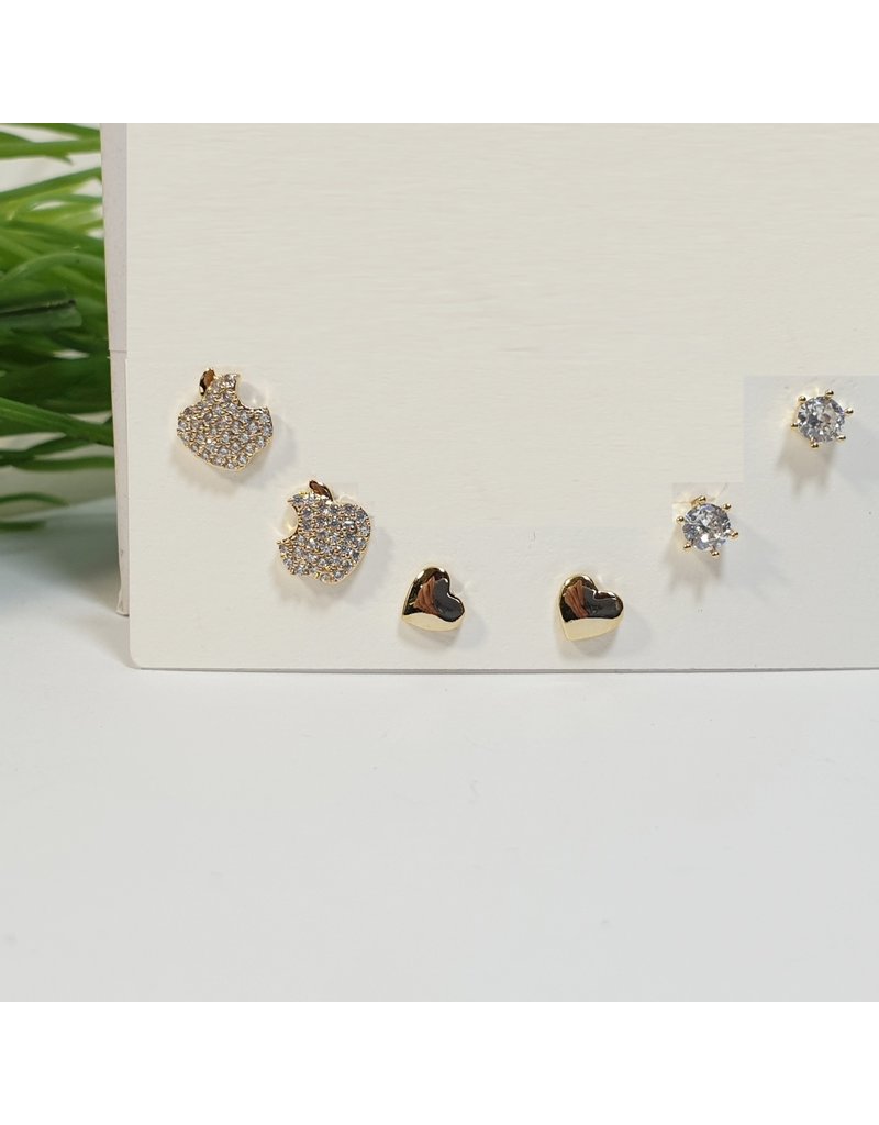 EMA0063 - Gold Heart, Apple, Diamante Stud  Multi-Pack Earring