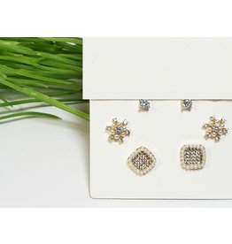 EMA0090 - Gold Flower, Pearl Square, Diamante Stud  Multi-Pack Earring