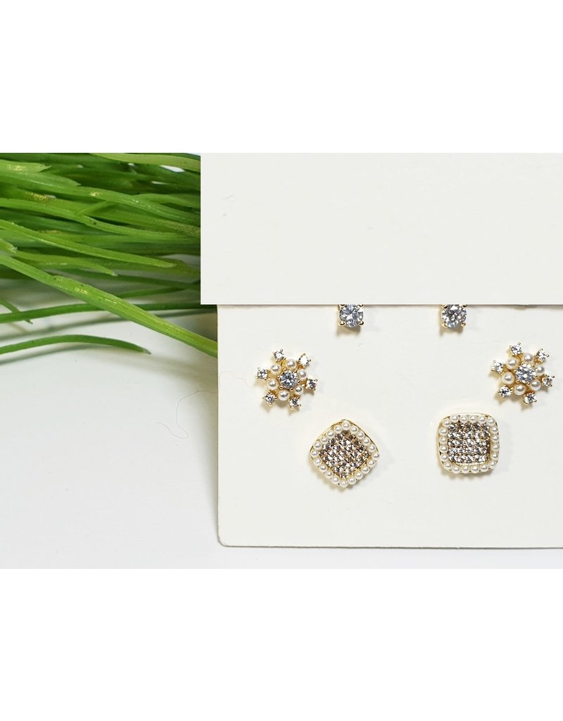 EMA0090 - Gold Flower, Pearl Square, Diamante Stud  Multi-Pack Earring