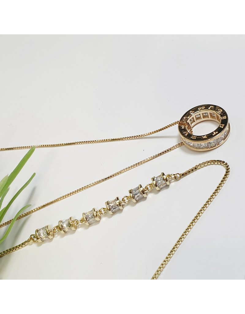 GSA0003-Gold, Circle Pendant Necklace with BAGUETTE CRYSTAL BRACELET