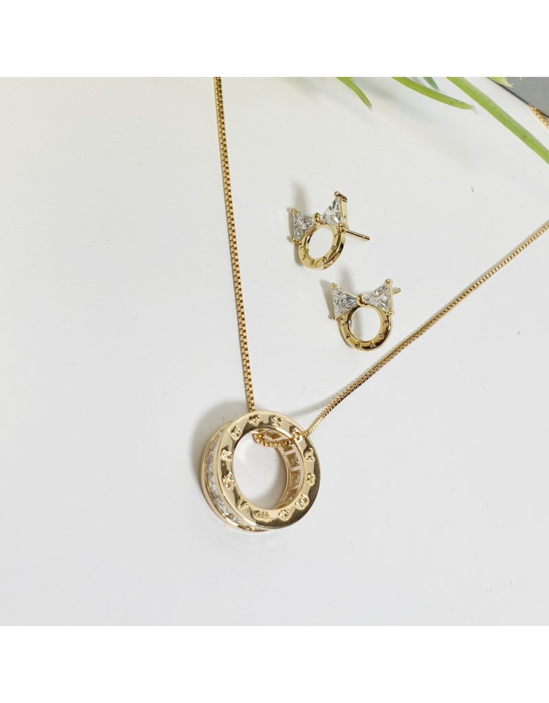 GSA0005-Gold, Circle Pendant Necklace with BOW EARRING