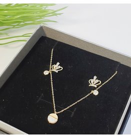 GSA0014-Gold, Crown Earring with SIMPLE DROP PENDANT NECKLACE