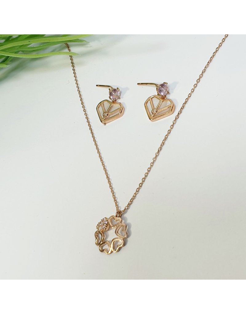 GSA0022-Rose Gold, Sterling Silver Heart Necklace with HEART DROP EARRING