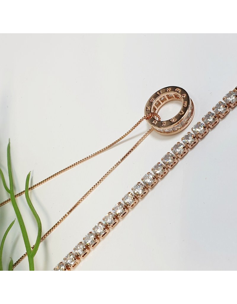 GSA0029-Rose Gold, Ring Pendant Necklace with TENNIS BRACELET