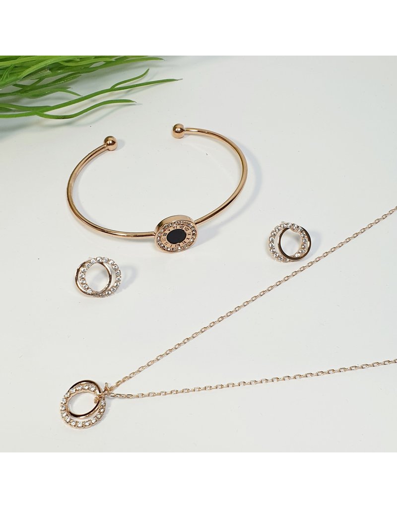 GSA0030-Rose Gold, Circle Necklace And Earring Set with CIRCLE CUFF BRACELET
