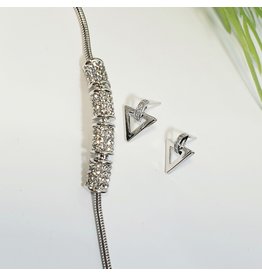 GSA0035-Silver, Triangle Earring with ADJUSTABLE DIAMANTE BRACELET