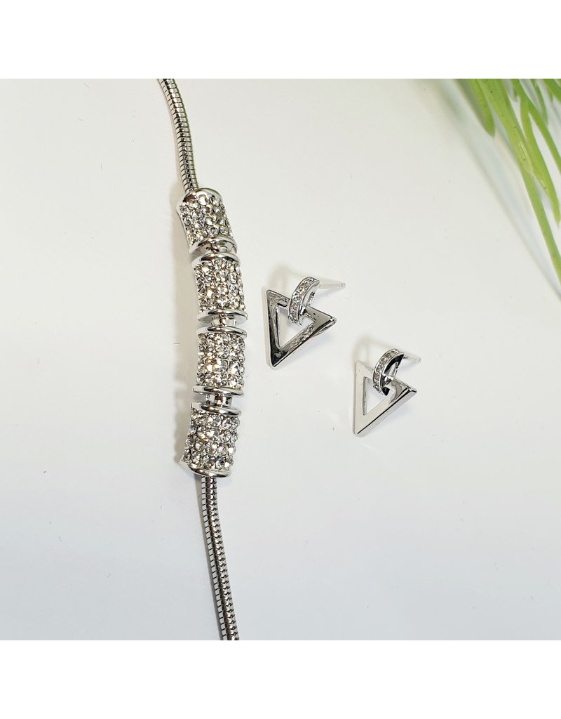 GSA0035-Silver, Triangle Earring with ADJUSTABLE DIAMANTE BRACELET