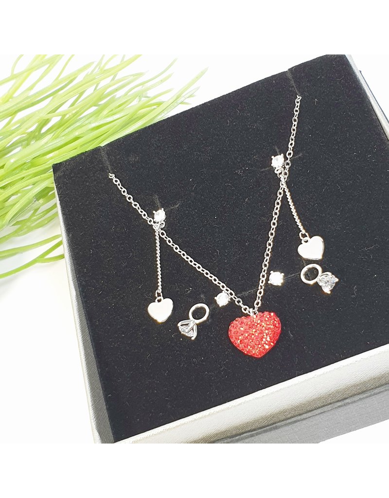 GSA0032-Silver, Heart Necklace with 3 PACK EARRING HEART DROP, RING AND STUD