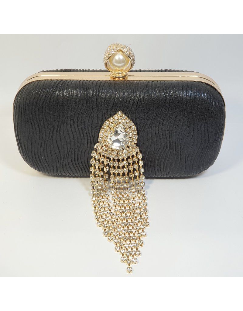 Cta0046 - Black, Rectangle, Gold Crystal Clutch Bag