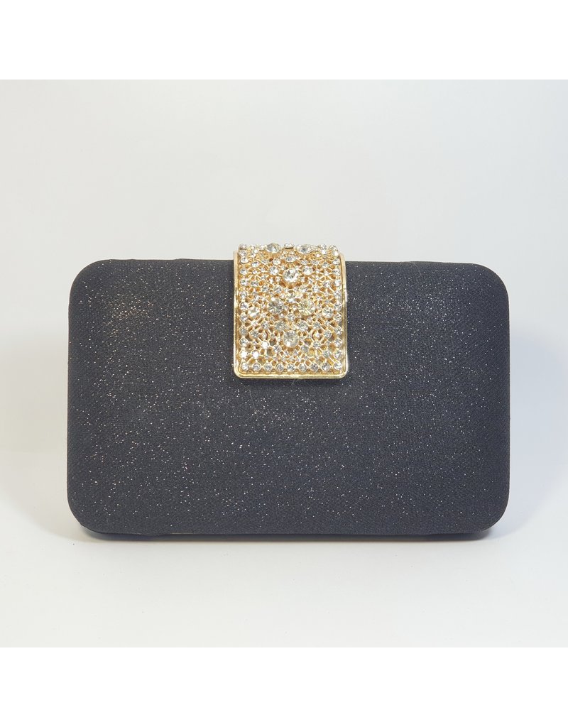 Cta0047 - Black, Rectangle, Gold Crystal Clutch Bag