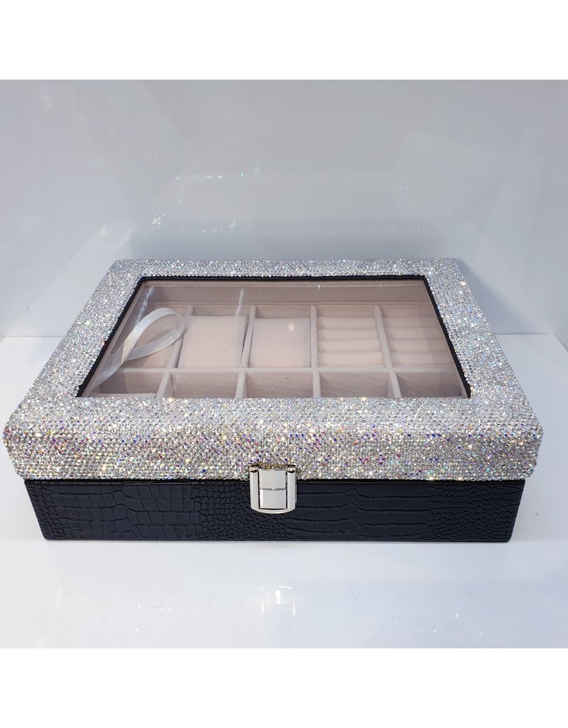 HRG0007 - Silver, Black Square Jewellery Box With Watch Holders