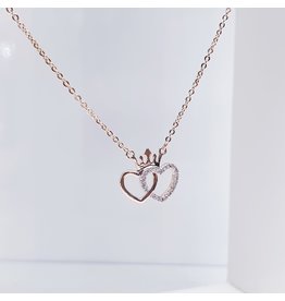 SCE0071 -Rose Gold, Double Heart And Crowns Short Necklace