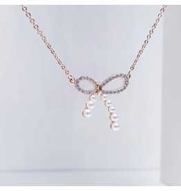 SCE0073 -Rose Gold, Pearl Bow Short Necklace