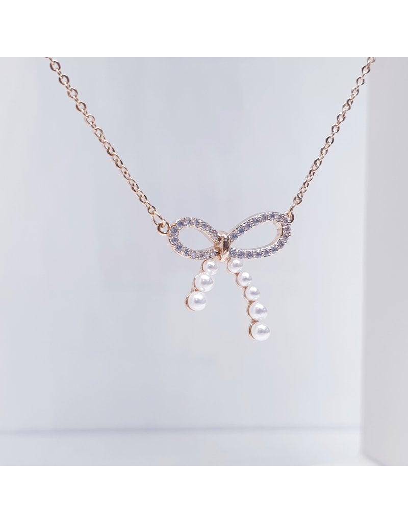 SCE0073 -Rose Gold, Pearl Bow Short Necklace