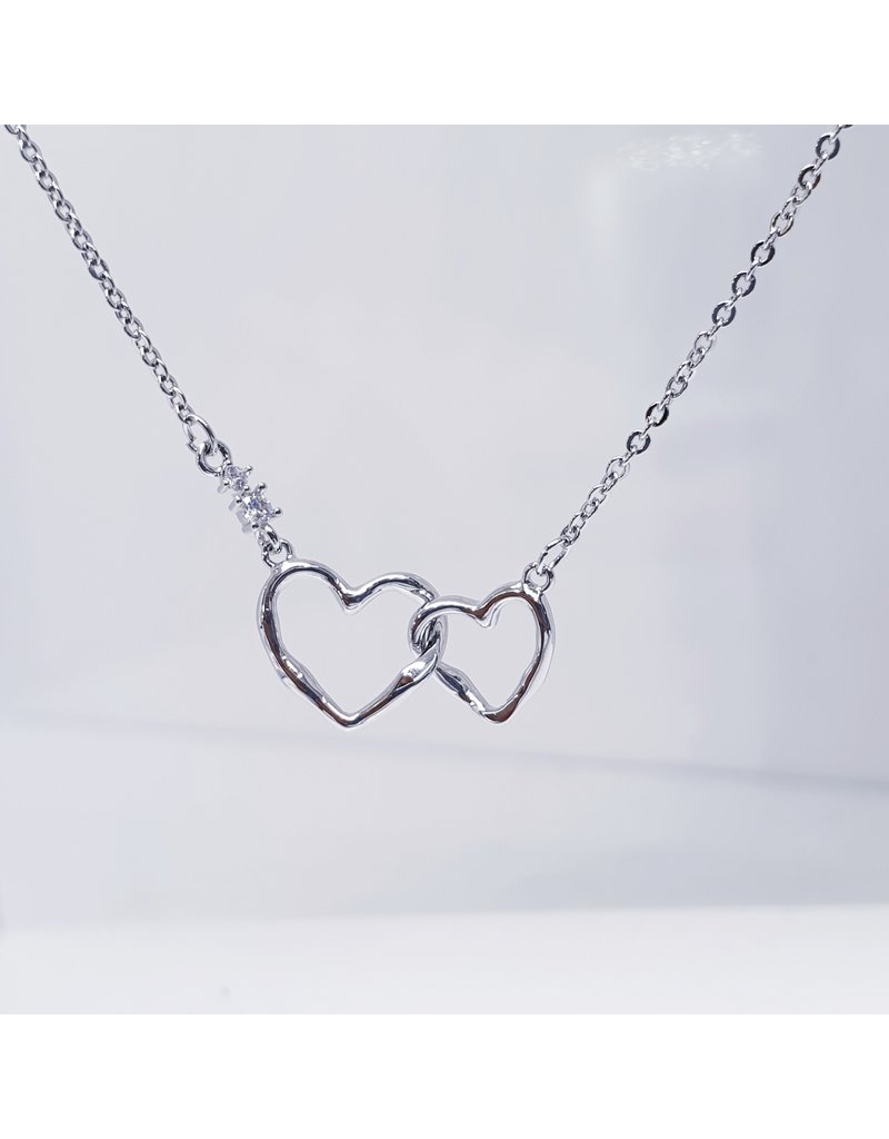 SCE0082 -Silver, Double Heart Short Necklace