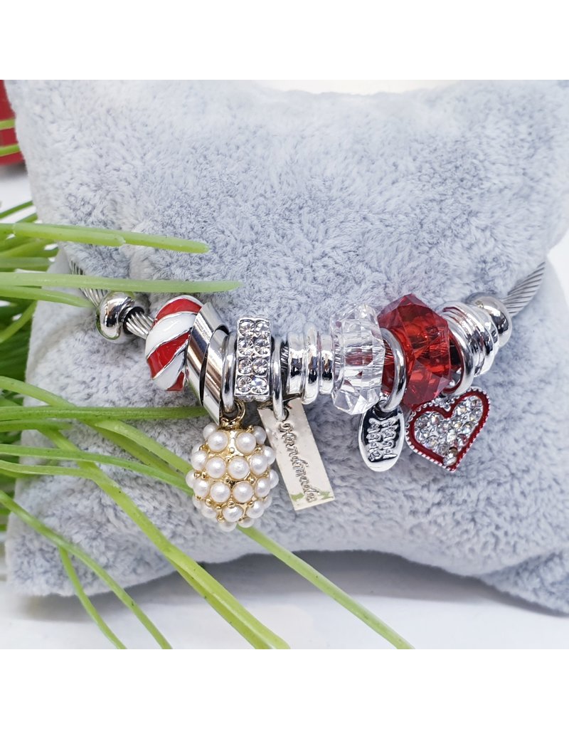 BAF0004 - Red, Heart, Pearl Charm Bracelet