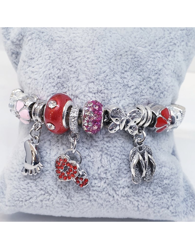 BAF0014 - Red, Pink, Sandal, Foot, Crown Charm Bracelet