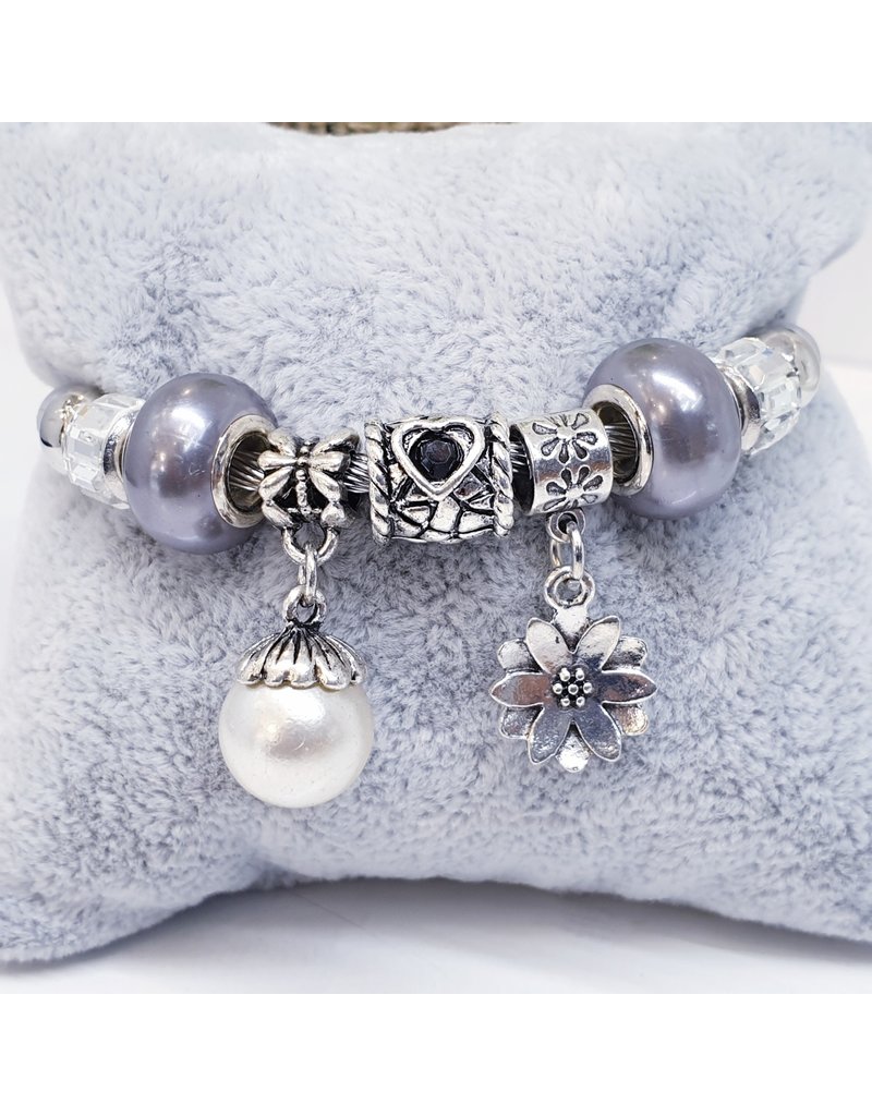 BAF0027 - Grey, Pearl, Flower Charm Bracelet