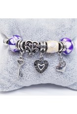 BAF0032 - Purple, Key, Hearts Charm Bracelet