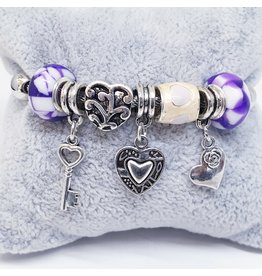 BAF0032 - Purple, Key, Hearts Charm Bracelet