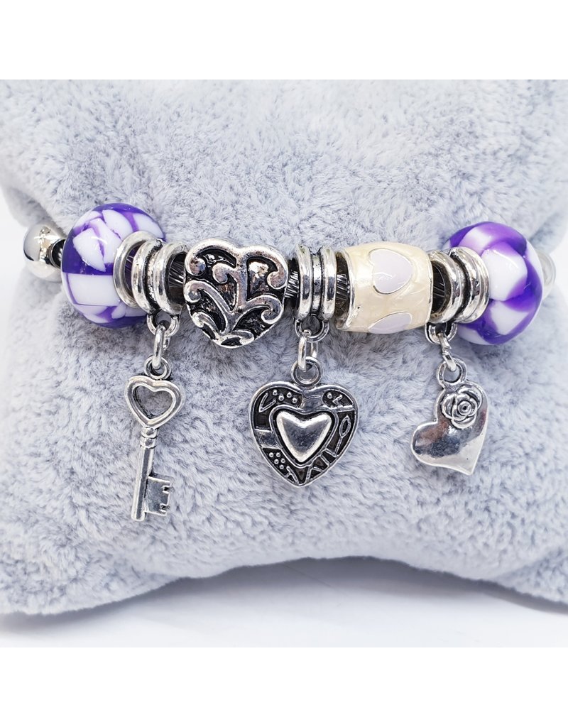 BAF0032 - Purple, Key, Hearts Charm Bracelet