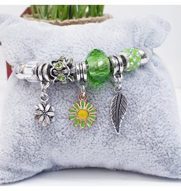 BAF0045 - Green, Feather, Flower Charm Bracelet