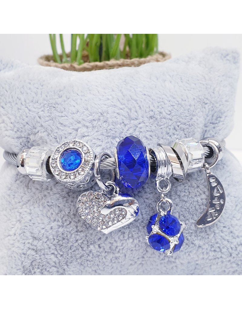 BAF0057 - Royal Blue, Silver Heart Charm Bracelet